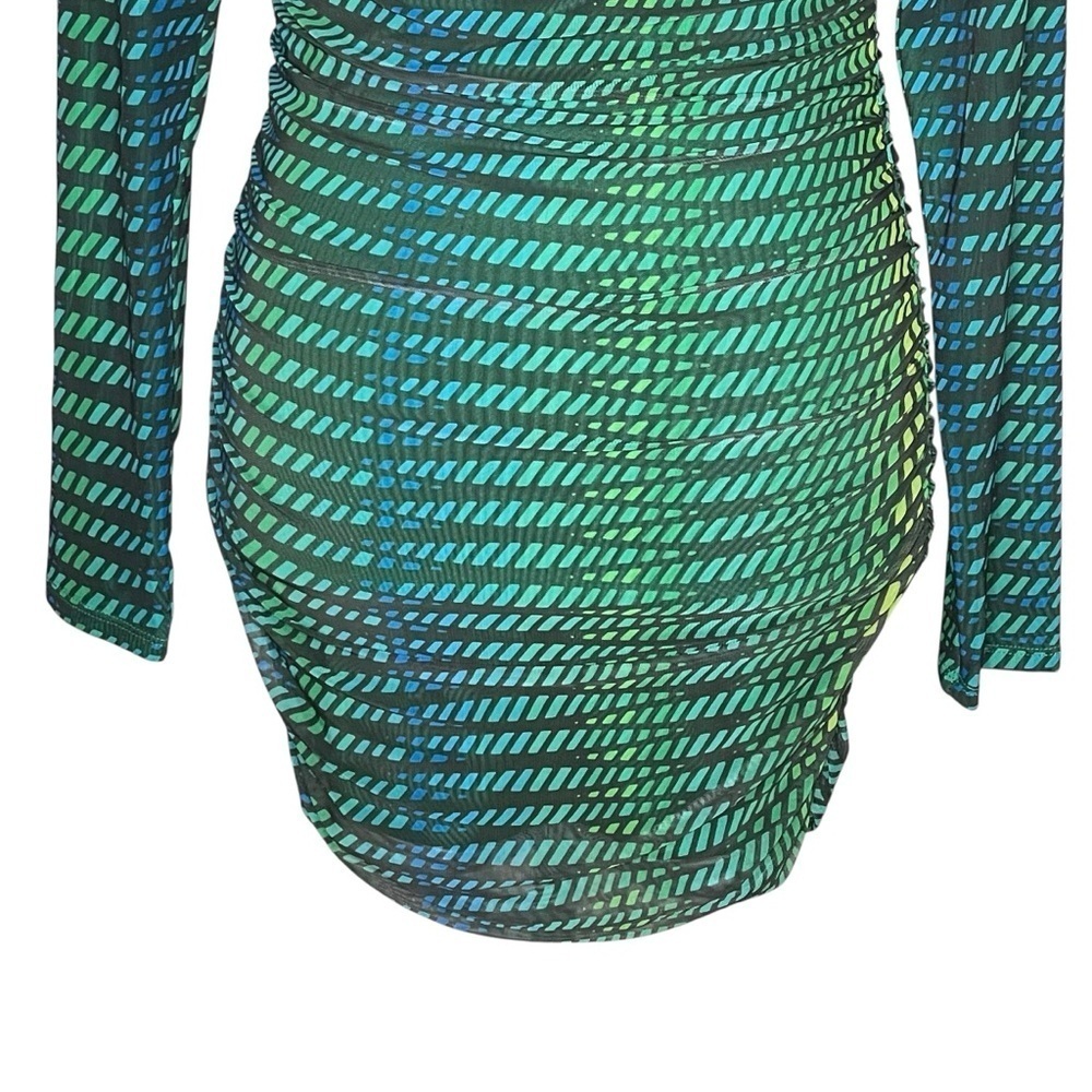 Oh Polly Dress Womens Mini Green Striped Print Bodycon Long Sleeve Cut Out Sz 8 - Picture 10 of 15